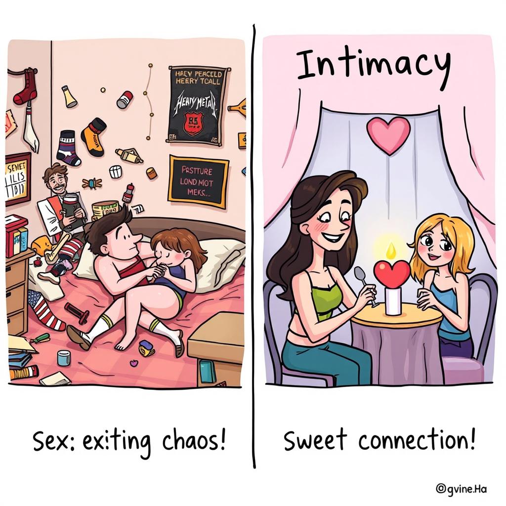 A humorous cartoon illustrating the differences between sex and intimacy