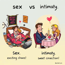 A humorous cartoon illustrating the differences between sex and intimacy