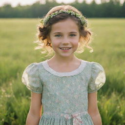 A girl in a serene setting showcasing her expressive eyes and playful smile, wearing a vintage dress with flowers in hair standing in an open green field with sunlight filtering through.