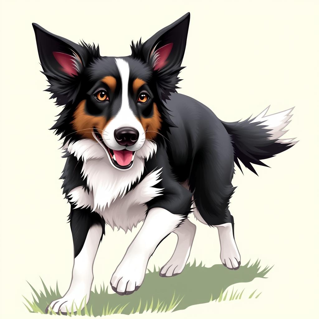 A detailed and realistic illustration of a Border Collie, showcasing its beautiful black and white coat, intelligent eyes, and perky ears