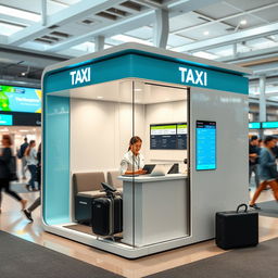 An indoor small airport taxi cubicle designed for customer service, showcasing a contemporary style with a vibrant color scheme of cyan and white