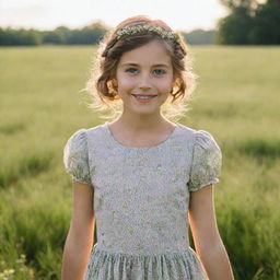 A girl in a serene setting showcasing her expressive eyes and playful smile, wearing a vintage dress with flowers in hair standing in an open green field with sunlight filtering through.