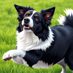 A detailed and realistic illustration of a Border Collie, showcasing its beautiful black and white coat, intelligent eyes, and perky ears