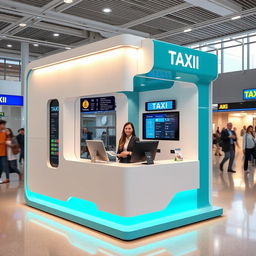 An indoor small airport taxi cubicle designed for customer service, showcasing a contemporary style with a vibrant color scheme of cyan and white