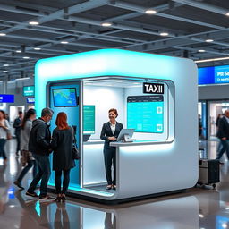 An indoor small airport taxi cubicle designed for customer service, showcasing a contemporary style with a vibrant color scheme of cyan and white