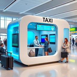 An indoor small airport taxi cubicle designed for customer service, showcasing a contemporary style with a vibrant color scheme of cyan and white