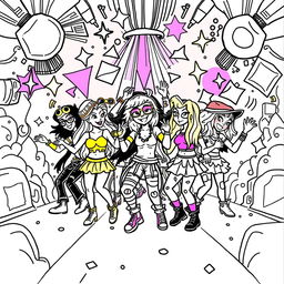 A vibrant coloring page featuring a rave party scene