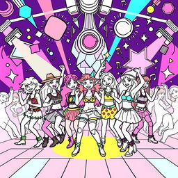 A vibrant coloring page featuring a rave party scene