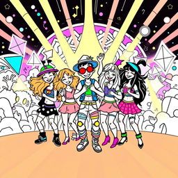 A vibrant coloring page featuring a rave party scene