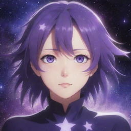 An imaginative anime character with striking purple eyes shaped like stars, set against a mysterious, starlit cosmic backdrop.