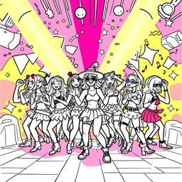 A vibrant coloring page featuring a rave party scene