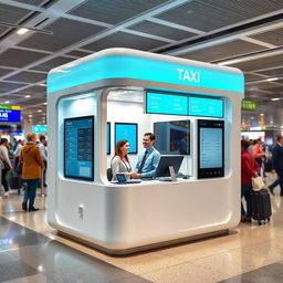 An indoor small airport taxi cubicle designed for customer service, characterized by a contemporary style featuring a vibrant cyan and white color scheme