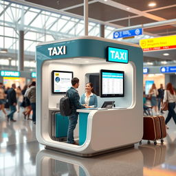 An indoor small airport taxi cubicle designed for customer service, characterized by a contemporary style featuring a vibrant cyan and white color scheme