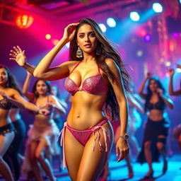 An energetic and vibrant scene inspired by Kareena Kapoor's iconic performance in the 'Fevicol Se' item song, featuring her in a stunning bikini that showcases her confidence and charm