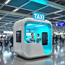 An indoor small airport taxi cubicle designed for customer service, characterized by a contemporary style featuring a vibrant cyan and white color scheme