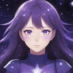 An imaginative anime character with striking purple eyes shaped like stars, set against a mysterious, starlit cosmic backdrop.