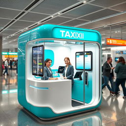 An indoor small airport taxi cubicle designed for customer service, characterized by a contemporary style featuring a vibrant cyan and white color scheme