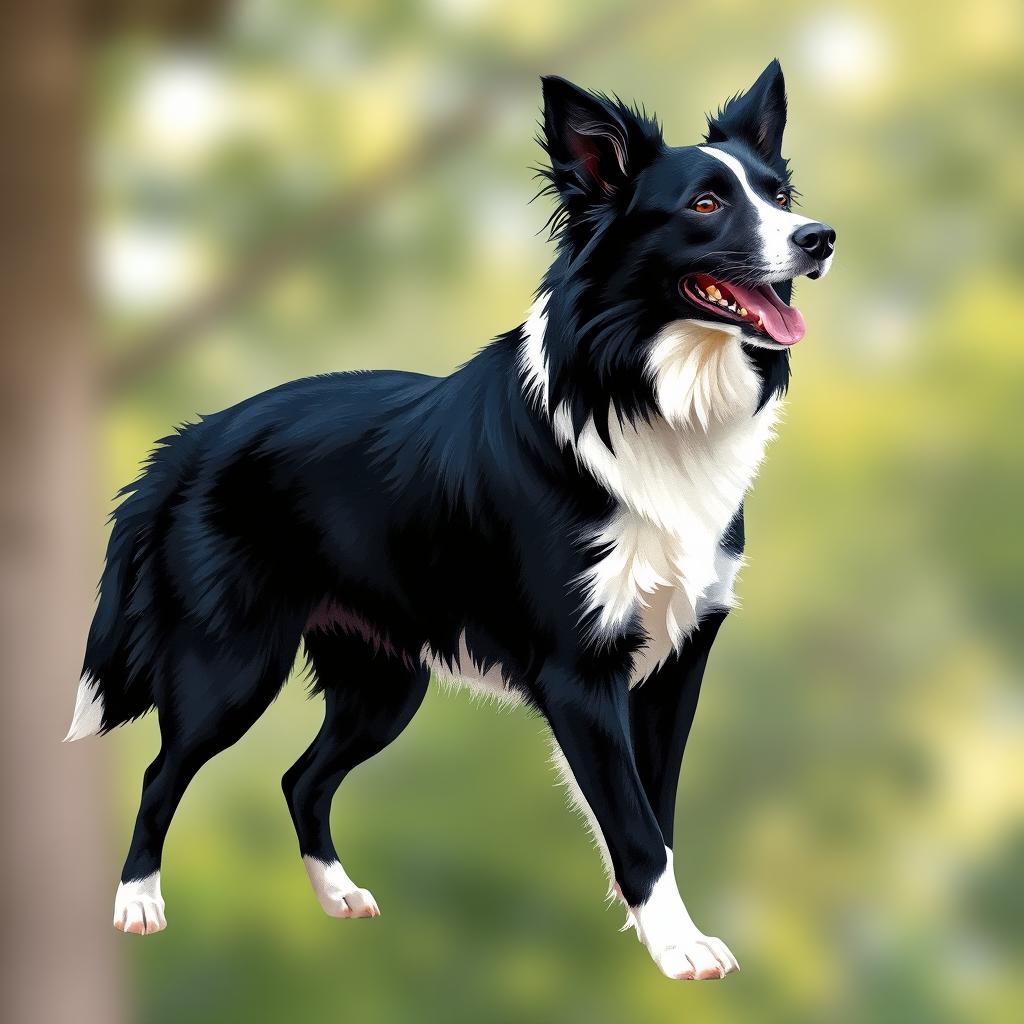 An original artistic representation of a Border Collie, capturing the breed's distinctive traits such as its striking black and white coat, lively expression, and alert stance