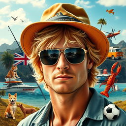 A movie poster featuring a relaxed blonde man in the foreground wearing a bucket hat and sunglasses, similar to 'The Wolf of Wall Street' poster