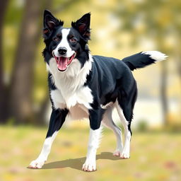 An original artistic representation of a Border Collie, capturing the breed's distinctive traits such as its striking black and white coat, lively expression, and alert stance