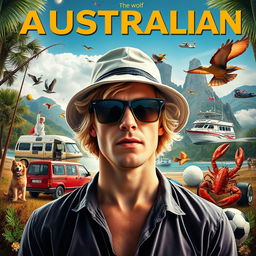 A movie poster featuring a relaxed blonde man in the foreground wearing a bucket hat and sunglasses, similar to 'The Wolf of Wall Street' poster