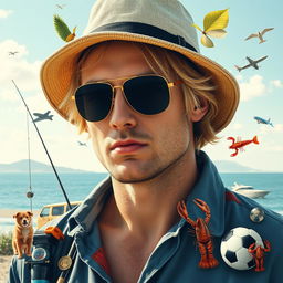 A movie poster featuring a relaxed blonde man in the foreground wearing a bucket hat and sunglasses, similar to 'The Wolf of Wall Street' poster