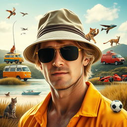 A movie poster featuring a relaxed blonde man in the foreground wearing a bucket hat and sunglasses, similar to 'The Wolf of Wall Street' poster