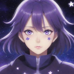 An imaginative anime character with striking purple eyes shaped like stars, set against a mysterious, starlit cosmic backdrop.