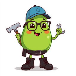 A cute cartoon avocado character with a friendly face, rosy cheeks, wearing glasses and a blue cap