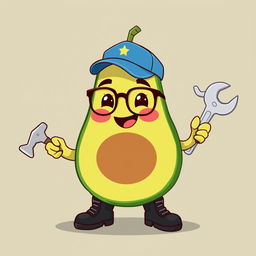 A cute cartoon avocado character with a friendly face, rosy cheeks, wearing glasses and a blue cap