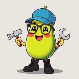 A cute cartoon avocado character with a friendly face, rosy cheeks, wearing glasses and a blue cap