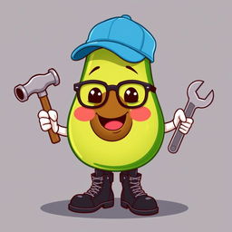 A cute cartoon avocado character with a friendly face, rosy cheeks, wearing glasses and a blue cap