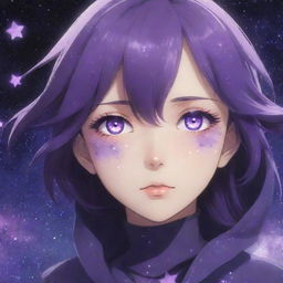 An imaginative anime character with striking purple eyes shaped like stars, set against a mysterious, starlit cosmic backdrop.