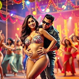 A lively and colorful scene inspired by the 'Fevicol Se' item song, featuring Kareena Kapoor in a glamorous bikini, exuding charm and confidence