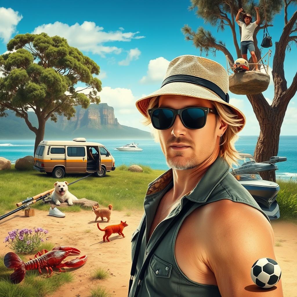 A movie poster featuring a relaxed blonde man in the foreground wearing a bucket hat and sunglasses, mimicking the style of 'The Wolf of Wall Street'