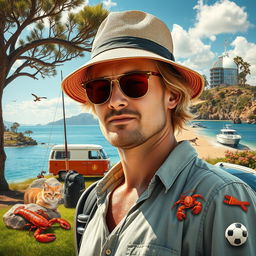 A movie poster featuring a relaxed blonde man in the foreground wearing a bucket hat and sunglasses, mimicking the style of 'The Wolf of Wall Street'