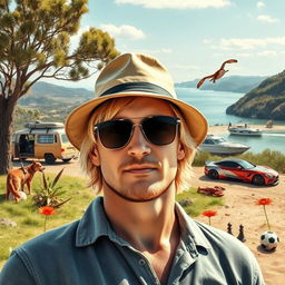 A movie poster featuring a relaxed blonde man in the foreground wearing a bucket hat and sunglasses, mimicking the style of 'The Wolf of Wall Street'