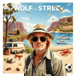 A movie poster featuring a relaxed blonde man in the foreground wearing a bucket hat and sunglasses, mimicking the style of 'The Wolf of Wall Street'