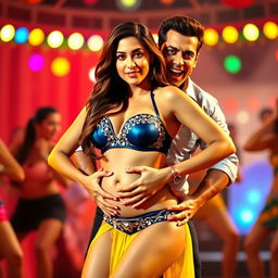 A vibrant and energetic scene inspired by the 'Fevicol Se' item song, featuring Kareena Kapoor in a glamorous bikini, confidently showcasing her charm