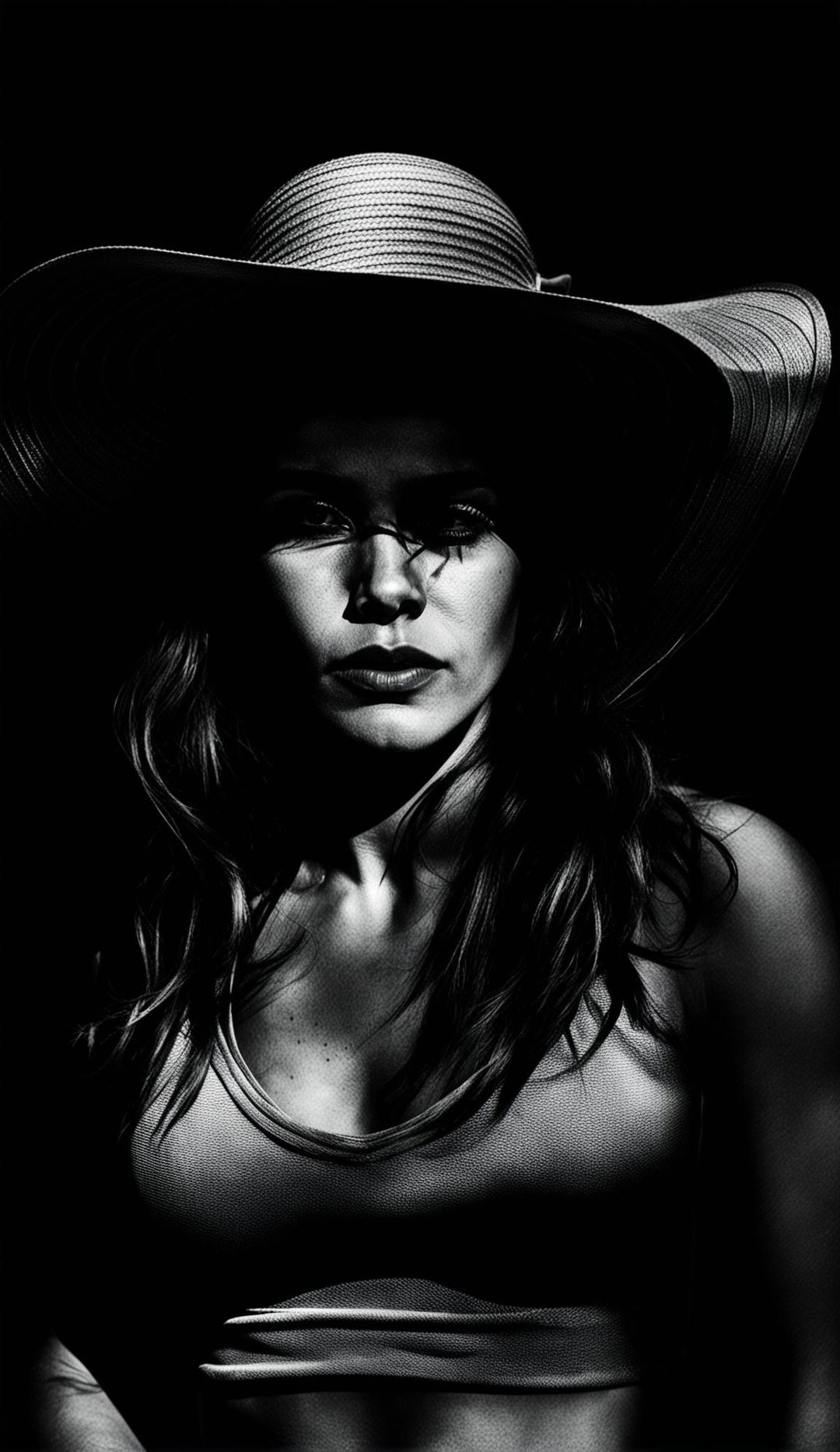 Annie Leibovitz style photograph of a woman with a wide-brimmed hat, dramatic lighting and muted color palette.