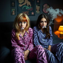 An adult girl with dirty blonde hair and striking red highlights, blue eyes, blowing smoke while wearing cute pink cheetah print pajamas