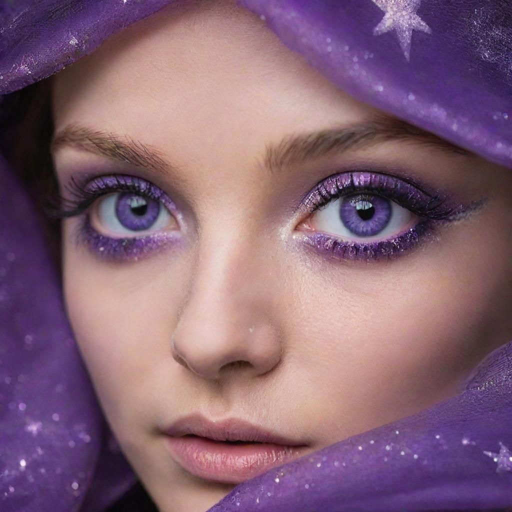 Close-up of captivating eyes which are of radiant purple color and shaped like stars, creating an aura of mystery and enchantment.