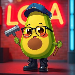 An adorable anime-style avocado character with rosy cheeks, wearing glasses and a blue cap