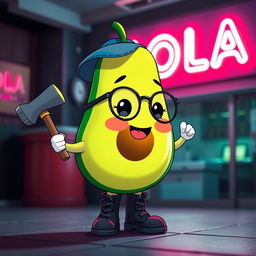 An adorable anime-style avocado character with rosy cheeks, wearing glasses and a blue cap