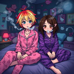 A Sanrio-inspired adult girl with dirty blonde hair and vibrant red highlights, blue eyes, blowing smoke while wearing cute pink cheetah print pajamas