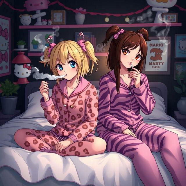 A Sanrio-inspired adult girl with dirty blonde hair and vibrant red highlights, blue eyes, blowing smoke while wearing cute pink cheetah print pajamas