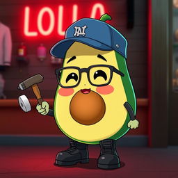 An adorable anime-style avocado character with rosy cheeks, wearing glasses and a blue cap