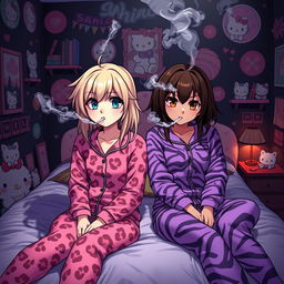 A Sanrio-inspired adult girl with dirty blonde hair and vibrant red highlights, blue eyes, blowing smoke while wearing cute pink cheetah print pajamas