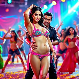 An energetic and playful scene inspired by the 'Fevicol Se' item song, featuring Kareena Kapoor in a stunning bikini, confidently posed with her hand above her head, accentuating her stylish look