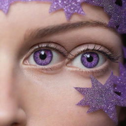 Close-up of captivating eyes which are of radiant purple color and shaped like stars, creating an aura of mystery and enchantment.